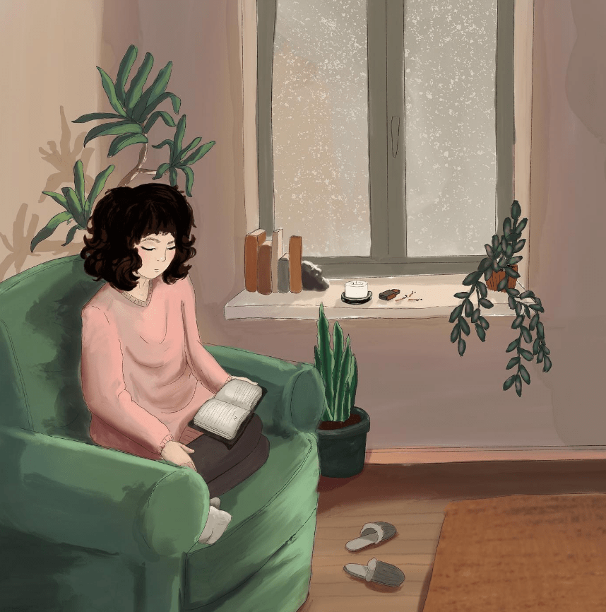 Art created by Amanda Banister. The image depicts a woman wearing a pink sweater reading in a green chair next to a window with snow falling outside.